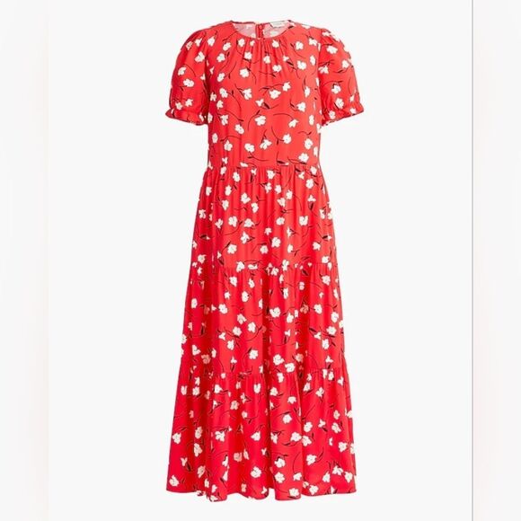 J. Crew Dresses & Skirts - J.Crew Red Floral Midi Dress L Tiered Viscose Boho Spring Summer Romantic Picnic